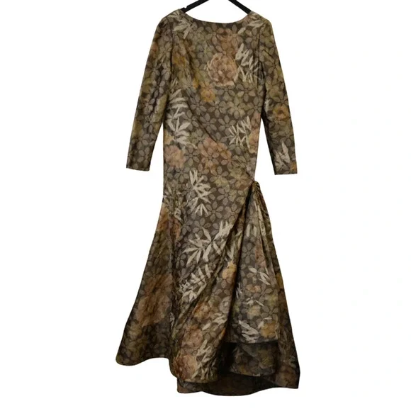 Oscar De La Renta Maxi Gown Size 14 Green Floral Silk Long Sleeve Evening Dress - Picture 1 of 10